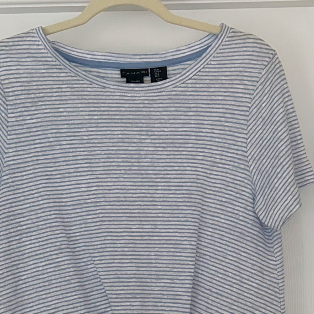 Tahari Blue White 100% Linen Striped Knot Twist Front Tee Size Medium - Picture 4 of 10